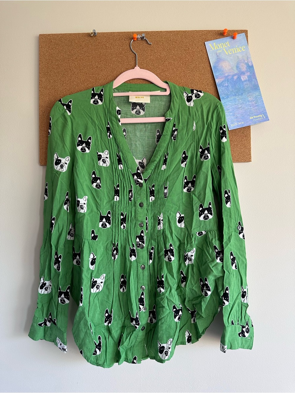 Maeve Green French Bulldog Print Blouse 100%Rayon
